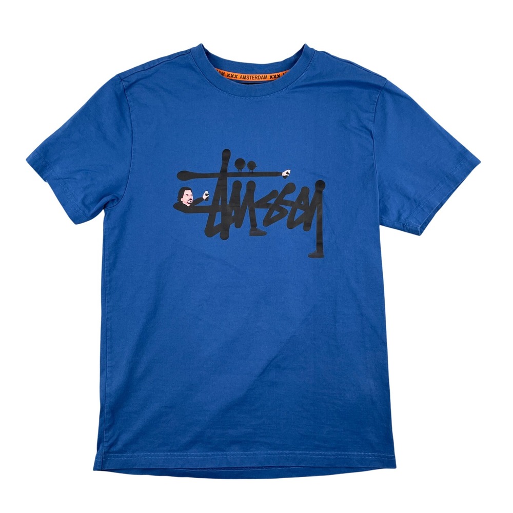 Mike Frederiqo Stussy Shirt Mens M Blue Graphic Logo Collab Short Sleeve Tee